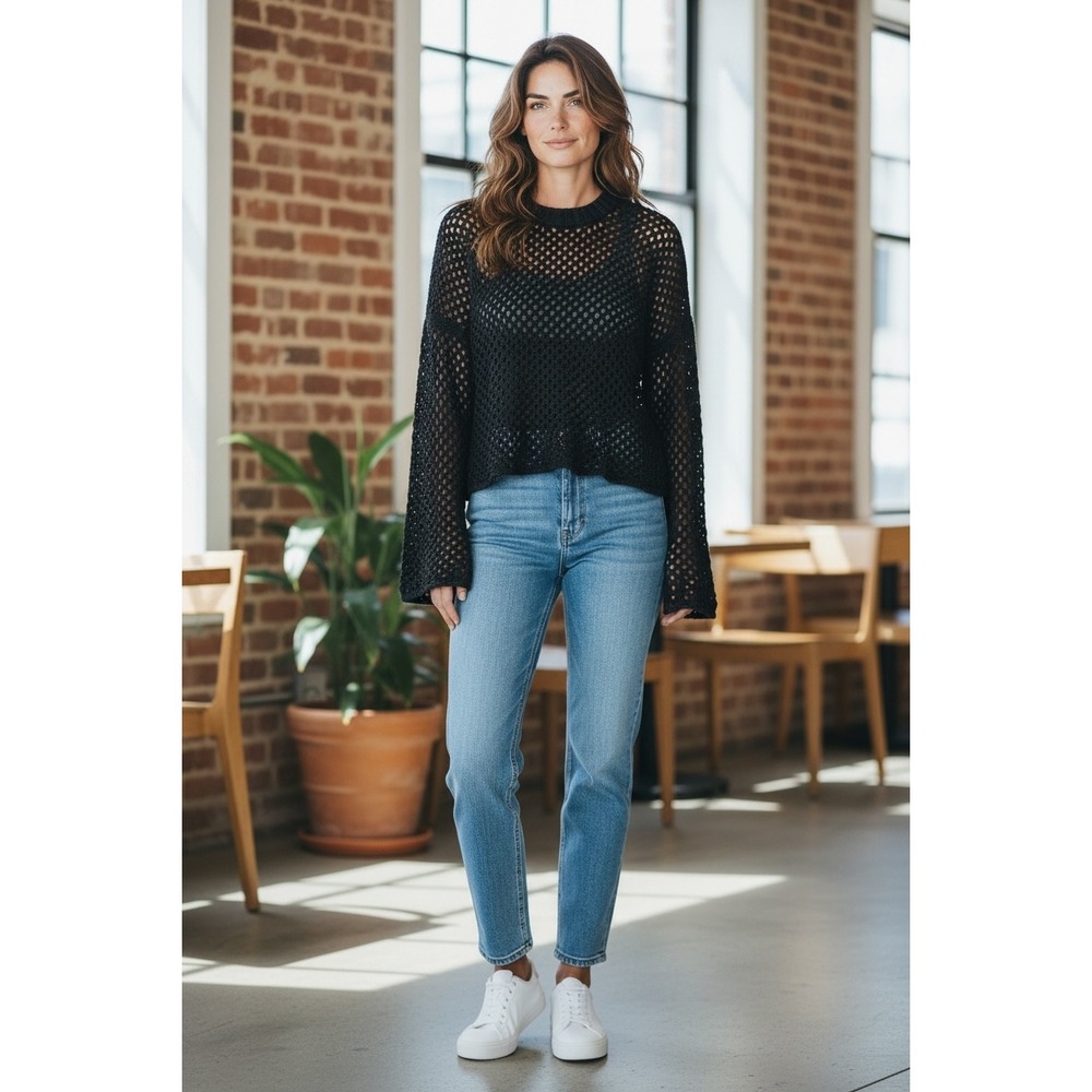 Madden NYC Black Crochet Knit Bell Sleeve Sweater Top‎ XS Sparkle